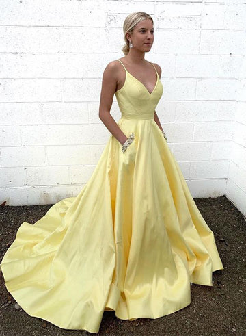 Yellow Satin V Neck Spaghetti Straps Long Senior Prom Dress With Pocket HZ1023